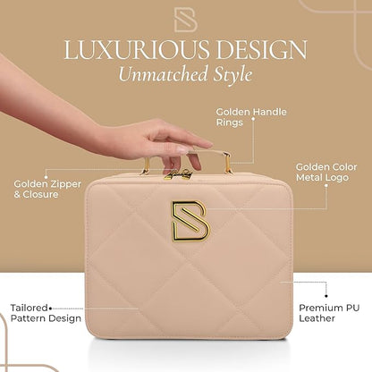 BAREZ Premium PU Leather Makeup Bag With LED Mirror - 3 Brightness Mirror Light Settings - Adjustable Dividers - Removable Mirror Waterproof Cosmetic Travel Bag - A Luxury Gift for Her (Nude)