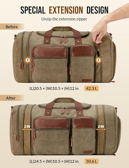 Canvas Duffle Bag for Travel 50L Expandable Travel Duffel Bags for Men Women Overnight Weekend Gym Bag with Shoes Compartment - Brown