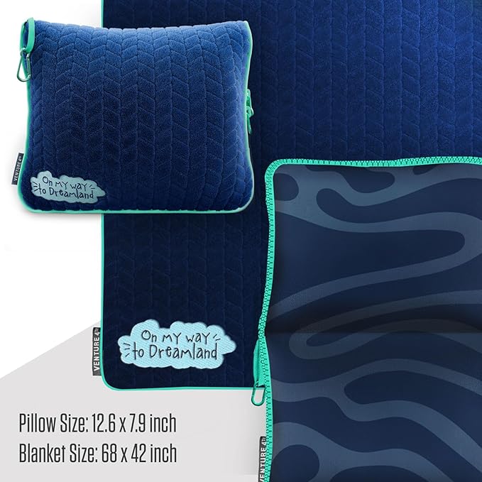 VENTURE 4TH Travel Blanket Pillow – Premium Ultra-Soft & Warm 2-in-1 Blanket or Pillow for Airplane, Car & Bus – Compact, Lightweight & Portable – Lint-Free, No Shedding, No Pilling - Navy/Teal