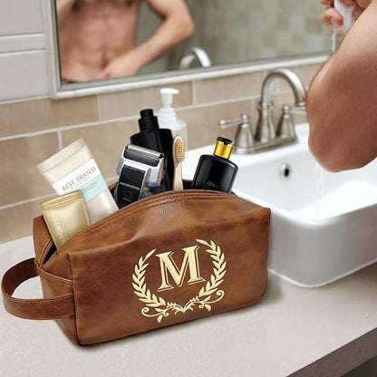 Leather Toiletry Bag Men Personalized Waterproof Shaving Bag, Travel Gift for Men Women with Initials A-Z - DarkBrown(M)