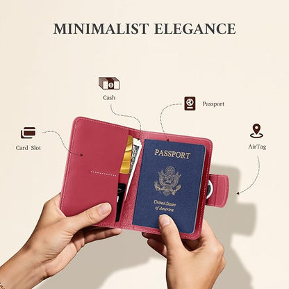 ALLIVE Rfid Passport Holder for Travel, Women, Rfid Passport Cover Wallet, Genuine Leather Passport Holder for Travel with AirTag Hidden, Airport Essentials, Travel Gifts (Rose Pink)
