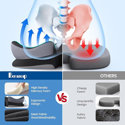 Benazcap Large Seat Cushion for Office Chair Memory Foam Coccyx Pain Relief Cushion Pillow for Back Support Non-Slip Seat Pad