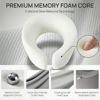Memory Foam Travel Neck Pillow for Airplane, 360° Head Support Travel Essentials for Long Flights, Breathable Cooling Cover and Compact Storage Case, Portable Gift for Men and Women