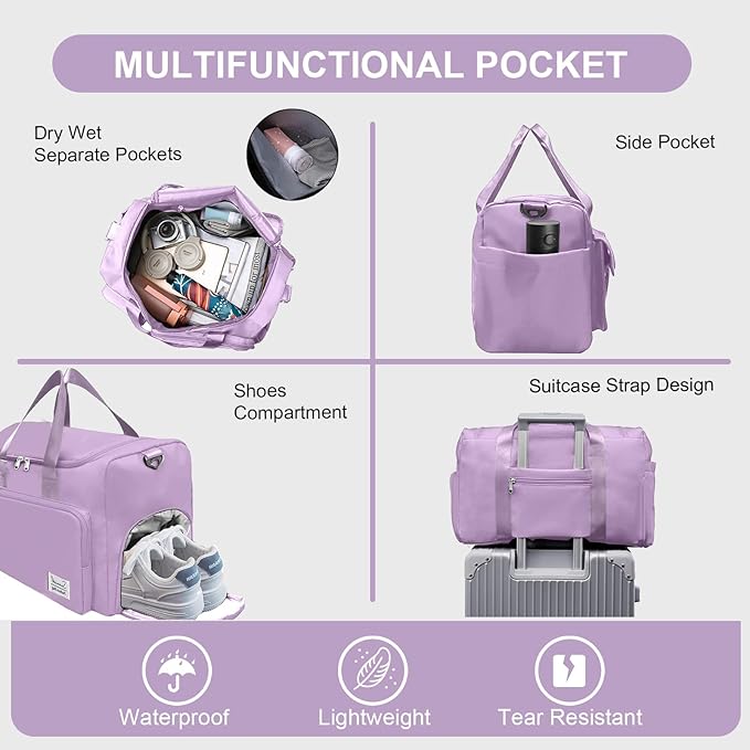 Gym Bag for Women Men, Travel Duffle Bag Large Capacity Carry On Weekender Bag With Shoe Compartment Gym Tote Dry Wet Separation Duffel Bag with Makeup Bag, Purple