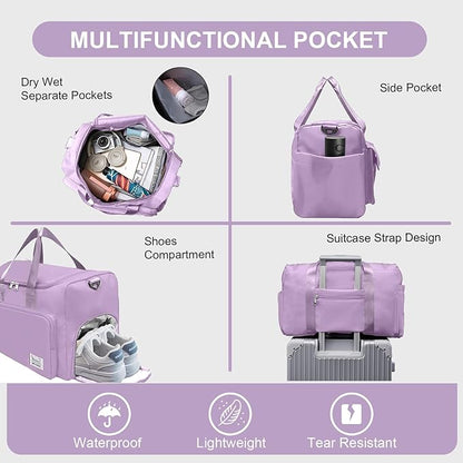 Gym Bag for Women Men, Travel Duffle Bag Large Capacity Carry On Weekender Bag With Shoe Compartment Gym Tote Dry Wet Separation Duffel Bag with Makeup Bag, Purple