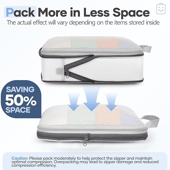 Veken 9/11 Set Compression Packing Cubes for Travel Essentials,Compressible Expandable Large Luggage Suitcase Organizer Bags for Clothing,Durable Space Saver Storage Bags with Toiletry Bags(White)