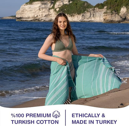 Turkish Beach Towels, Pack of 2 | Oversized, Quick Dry, Sand Free | 100% Cotton, Large 38x71 Towels for Beach, Pool, Travel | Ultra-Soft, Compact, and Absorbent | Green