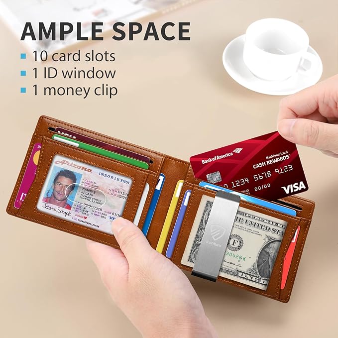 RUNBOX Mens Slim Wallet with Money Clip RFID Blocking Bifold Credit Card Holder for Men with Gift Box