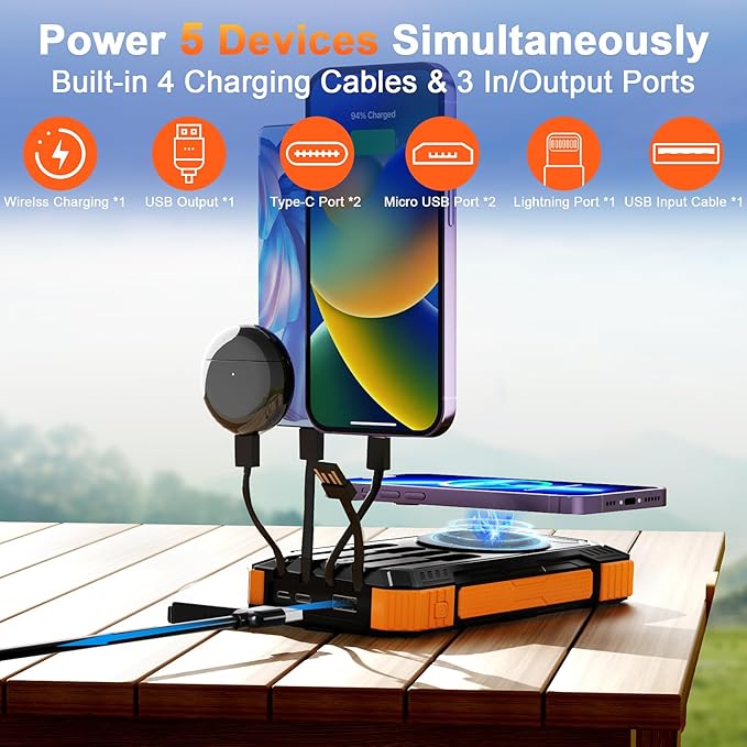 WONGKUO Solar Charger Power Bank - 49800mAh Solar Phone Charger with USB-C in/Output, QC 3.0 Fast Charging with LED Flashlight, Built-in 4 Cables, IP65 Waterproof Fits for Outdoor (Matte Orange)