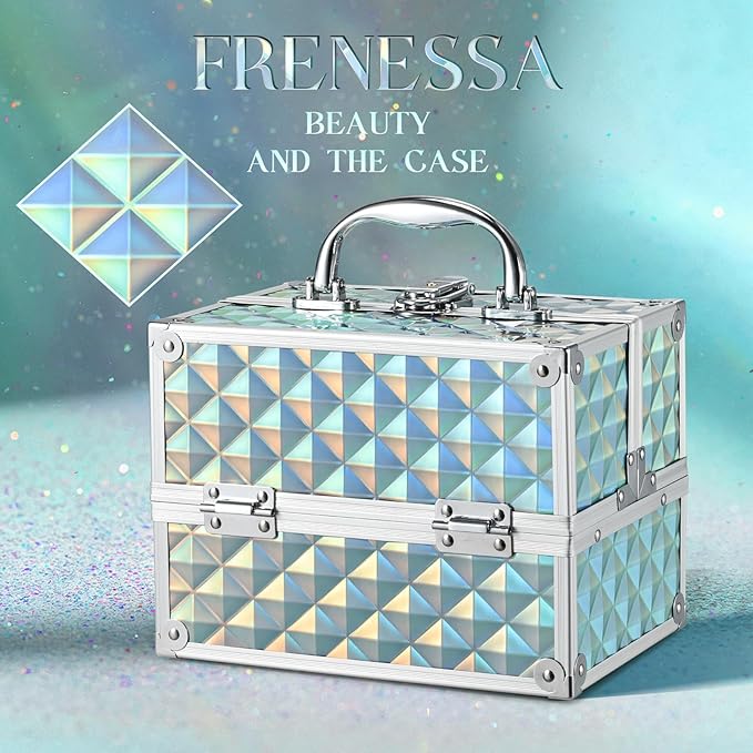 RENESSA Makeup Train Case Portable Makeup Case Organizer Cosmetic Box Make Up Box Makeup Organizer Cosmetic Storage Cases with Locking Nail Kit Organizer Travel Case Shiny Blue