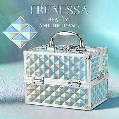 RENESSA Makeup Train Case Portable Makeup Case Organizer Cosmetic Box Make Up Box Makeup Organizer Cosmetic Storage Cases with Locking Nail Kit Organizer Travel Case Shiny Blue