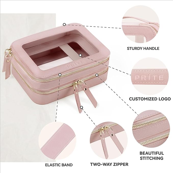 Prite Double Layer Makeup Bag for Women Portable Clear Makeup Bag Cute Waterproof Travel Cosmetic Bag with Gold Zipper for Car Essentials(Pearlescent Pink)