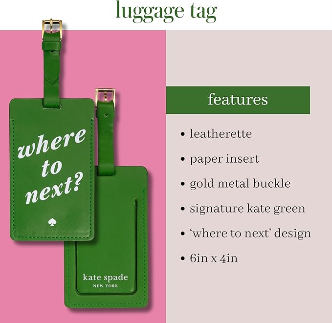 Kate Spade New York Vegan Leather Luggage Tag for Women, Durable Suitcase ID Tag, Where to Next