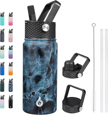 BJPKPK Insulated Water Bottles with Straw Lid, 18oz Stainless Steel Metal Water Bottle, Cold Hot Thermo with 3 Lids, Leak Proof BPA Free Travel Cup, Wide Mouth Flasks, Thermo-Ocean