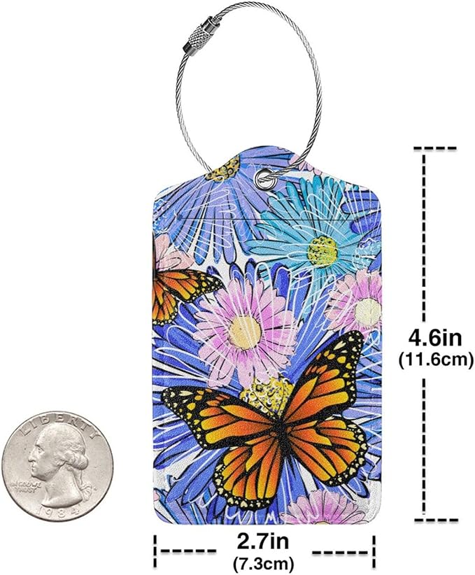 Set of 2 Artistic Flowers Luggage Tags with Butterfly Pattern, Pretty Suitcase Tag Privacy Name ID Card Pink Blue Floral Travel Bag Labels with Stainless Steel Loop for Women Girls Kids Adult