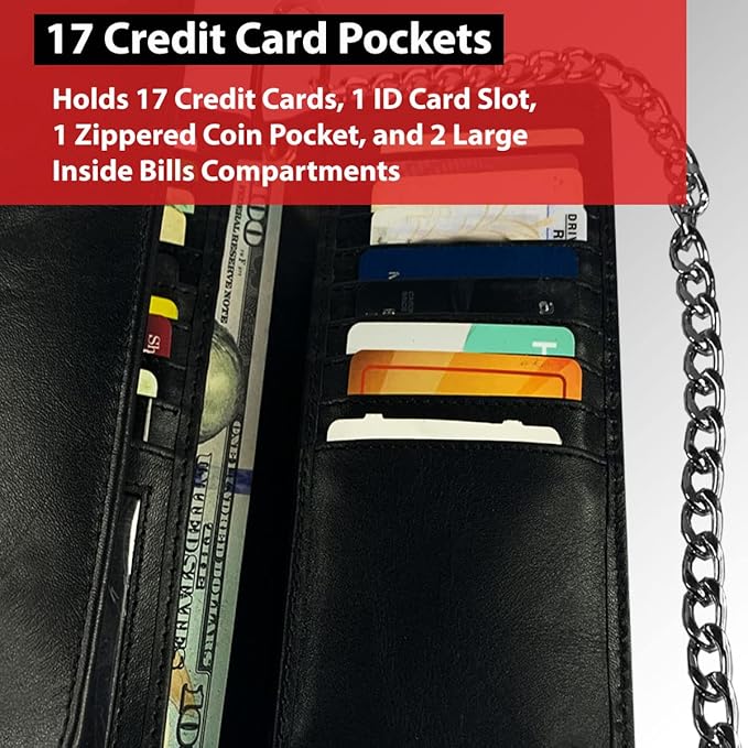 IBRO VINTAGE Motorcycle Chain Wallet for Men – Premium Cowhide Leather, RFID Tri-Fold Biker Wallet with Heavy Duty Chain for Bikers Truckers & Hunters, Credit Card Money Organizer Long Wallet