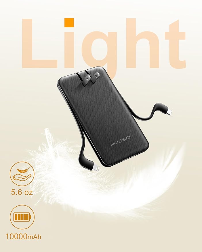 miisso Ultra Slim 10000mAh Power Bank Built-in Cables and Foldable AC Wall Plug, Pocket Size USB C Portable Charger, External Battery Pack Compatible with iPhone Samsung, 2 Pack Black & Pink