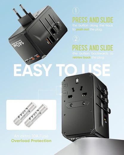 Universal Travel Adapter, 140W International Power Adapter with 4 USB-C & 1 USB-A Ports, European Travel Plug Adapter, Worldwide Travel Essentials for EU UK AUS USA