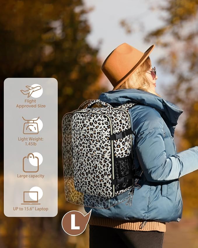 Travel Backpack for Women Man, Waterproof Personal Item Travel Bag Airline Approved Laptop Backpack Bookbag Weekender bags for Business,Travel, Work Fits 15.6 inch Laptop(Medium,Leopard)