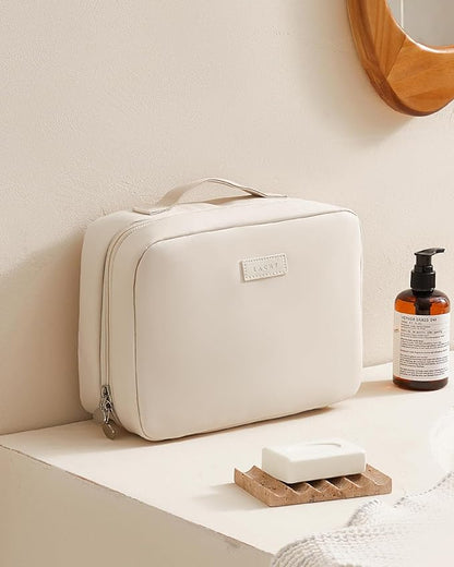 EACHY Toiletry Bag with Hanging Hook, Travel Makeup Bag PU Leather Cosmetic Bags for Women Make Up Organizer with 4 Compartments Waterproof Full-Size Portable Travel Essentials (Beige)