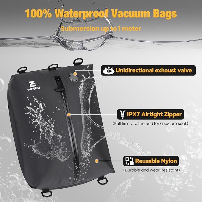 3 Pack Vacuum Bags for Travel with Pump, 3-Size Set Reusable Vacuum Compression Bags for Luggage, Space Saver IP67 Waterproof Vacuum Packing Cubes for Suitcase&Backpack, Black
