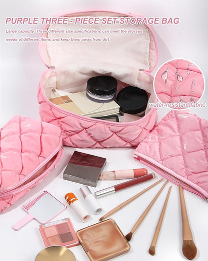 Travel Makeup Bag for Women, Large Waterproof Cosmetic Organizer with 3-piece Set, Toiletry Bag for Gym/College/Gifts | Cute Aesthetic Design (Pink)