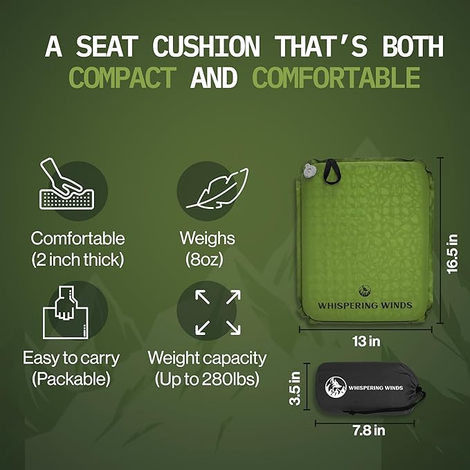 Whispering Winds Inflatable Seat Cushion - Comfortable Blow-up Foam Pad for Airplane, Travel, Stadium, Outdoors, Camping, Car & More