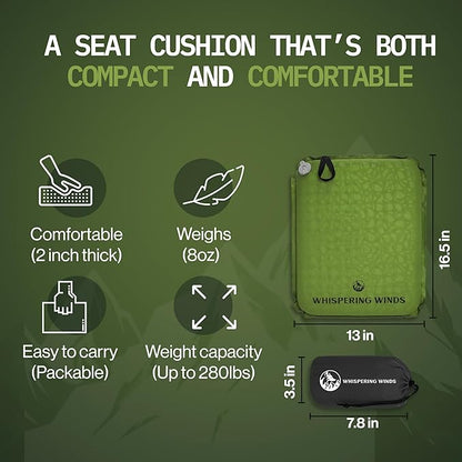 Whispering Winds Inflatable Seat Cushion - Comfortable Blow-up Foam Pad for Airplane, Travel, Stadium, Outdoors, Camping, Car & More