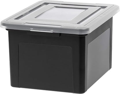 IRIS USA File Box, Plastic File Organizer with Lids for Letter/Legal File, Portable Document Box For Moving, Storage Bin with Durable and Secure Lid, Stackable Nestable BPA-Free, Black 35 Qt. 1 Pack