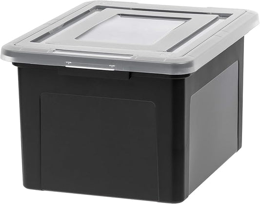 IRIS USA File Box, Plastic File Organizer with Lids for Letter/Legal File, Portable Document Box For Moving, Storage Bin with Durable and Secure Lid, Stackable Nestable BPA-Free, Black 35 Qt. 1 Pack