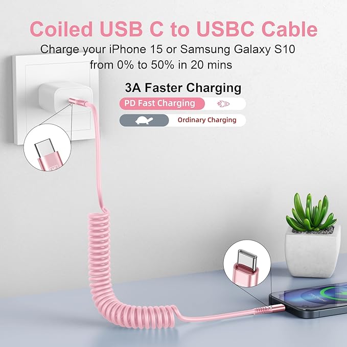 USB C to USB C Cable [3FT+6FT], 2Pack Coiled USBC Cable for Car USB Type C Fast Charging Cable, CarPlay iPhone USB-C Cable/Android Auto USB C Cord for iPhone 17/16/ 15/Pro Max/Samsung Galaxy S23-Pink