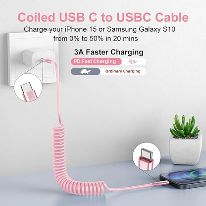 USB C to C Cable 3FT for Car, Coiled USB C Fast Charging Cable for iPhone 17/16/15, 2Pack Type C Cord for iPhone 15/Plus/Pro/Pro Max/Samsung Galaxy S23-Pink