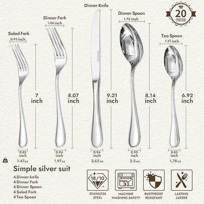 KINGSTONE 20 Piece Teardrop Silverware Set for 4, 18/10 Stainless Steel Flatware Set, Modern Design Cutlery Set for Home/Hotel/Wedding,Mirror Polished and Dishwasher Safe