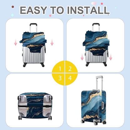 ANNA QUEEN Blue Marble Luggage Cover, Modern Gold Vein Abstract Design Suitcase Protector, Washable Stretchable Travel Sleeve for 28-30 Inch Luggage