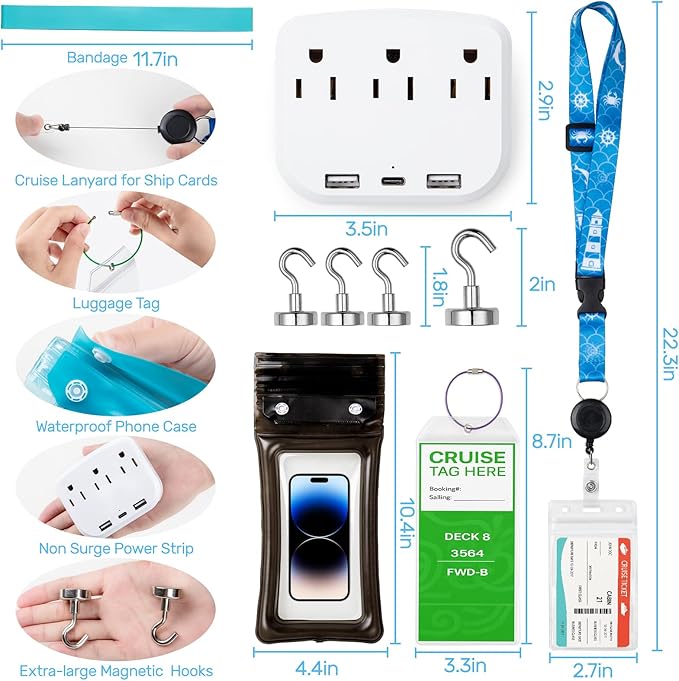 Cruise Essentials 2025 - Cruise Must Haves Kit with Non-Surge Protector Power Strip, Lanyard with ID Holder, Magnetic Hooks, Luggage Tag Set, Towel Bands, Waterproof Phone Holder - Travel Essentials