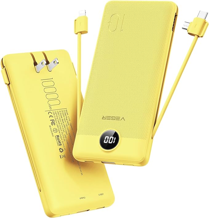 VEGER Portable Charger with Built-in AC Plug and Cables, All in One 10000mAh Ultra Slim Power Bank Travel Essentials, 15W Fast Charging Battery Pack Compatible with iPhone, Samsung, Android (Yellow)