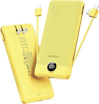 VEGER Portable Charger with Built-in AC Plug and Cables, All in One 10000mAh Ultra Slim Power Bank Travel Essentials, 15W Fast Charging Battery Pack Compatible with iPhone, Samsung, Android (Yellow)