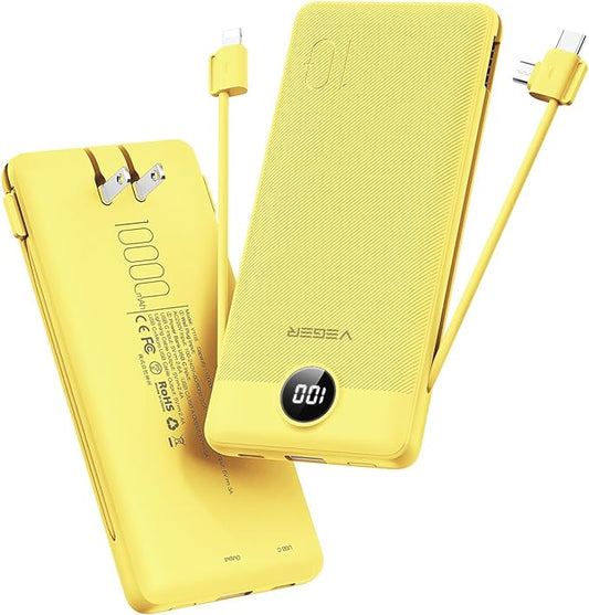 VEGER Portable Charger with Built-in AC Plug and Cables, All in One 10000mAh Ultra Slim Power Bank Travel Essentials, 15W Fast Charging Battery Pack Compatible with iPhone, Samsung, Android (Yellow)