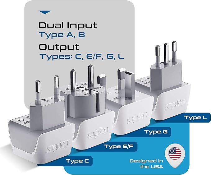 Ceptics European Plug Adapter 4 Pack Set, USA to Europe, Italy, Germany, England, Spain, Italy, Iceland, France (Type C, E/F, G, L) - for Your Cell Phones, Tablets, iPhone, Camera (CT-EU-4SET)