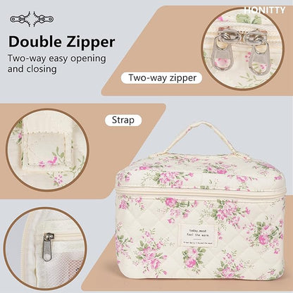 Makeup Bag,Quilted Cosmetic Bags,Large Floral Make Up Organize bag,Makeup Bag Set for Women,Flower Travel Toiletry Bag