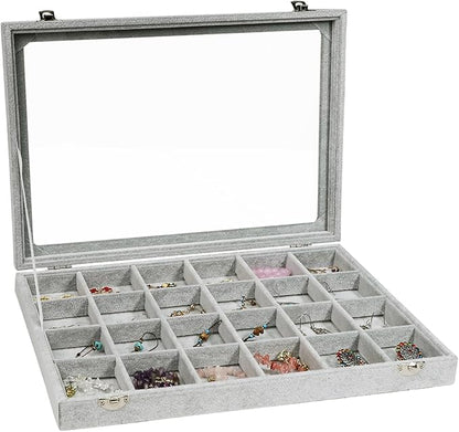 Stratalife Velvet Jewelry Organizer 24 Grid Jewelry Tray with Clear Glass Lid Display Showcase Storage Organizer Box for Earring Necklace Rings Dice Gray (24 Grids)
