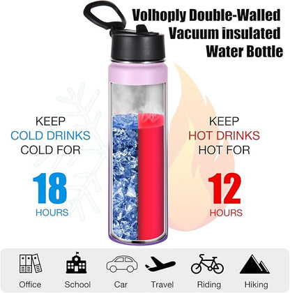Volhoply 24oz Insulated Water Bottle With Straw Bulk 3 Pack,Metal Wide Mouth Water Bottles With Handle Keep Cold,Reusable Double Wall Cups,Powder Coated Sport Bottle For Holder(Purple,3 Count)