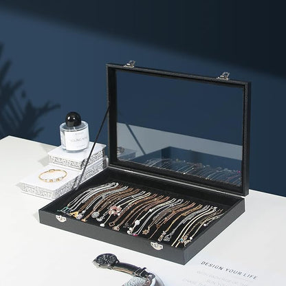 Coward 20 Hooks Necklace Organizer Jewelry Box, Dustproof Necklace Display Holder Case, Black Velvet Necklace Display Tray Case with Transparent Glass Lid for Home Use or Store Selling Show