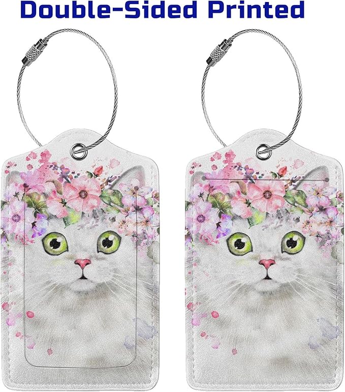 2 Pcs Cute White Cat with Pink Flowers Pattern Leather Luggage Tags, Funny Animal-Themed Suitcase Labels Bag Tag Name ID Labels with Privacy Cover for Teen Kids Adults
