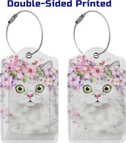 2 Pcs Cute White Cat with Pink Flowers Pattern Leather Luggage Tags, Funny Animal-Themed Suitcase Labels Bag Tag Name ID Labels with Privacy Cover for Teen Kids Adults