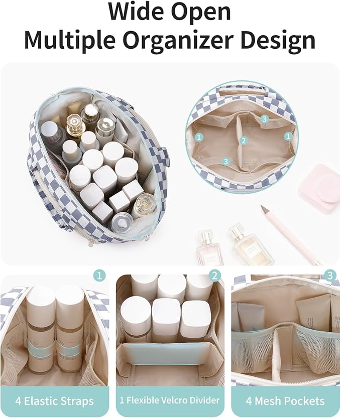 Narwey Travel Toiletry Bag, Wide-open Large Toiletry Bags for Traveling Women, Checkered Travel Bag for Toiletries Cosmetic Makeup Bag Organizer, Skincare Make Up Bag (Greyish Blue Checkerboard)