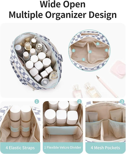 Narwey Travel Toiletry Bag, Wide-open Large Toiletry Bags for Traveling Women, Checkered Travel Bag for Toiletries Cosmetic Makeup Bag Organizer, Skincare Make Up Bag (Greyish Blue Checkerboard)