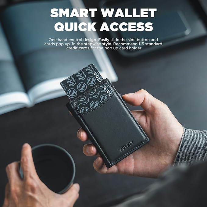 VULKIT Men's Wallet with ID Window Premium Leather Wallets RFID Blocking Minimalist Wallet Pop Up Card Holder Magnetic Closure