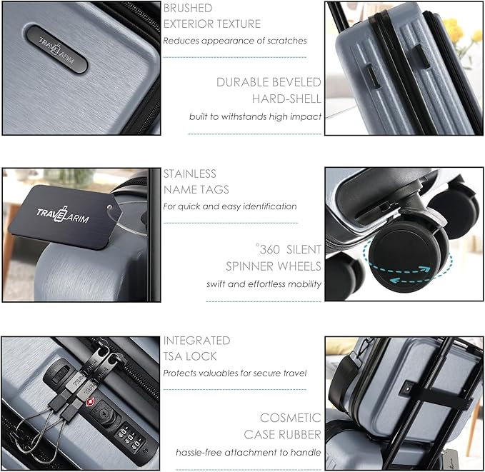 20 Inch Carry On Luggage 22x14x9 Airline Approved, Carry On Suitcase with Wheels, Hard-shell Carry-on Luggage, Durable Luggage Carry-On, Grey Small Suitcase with Cosmetic Case