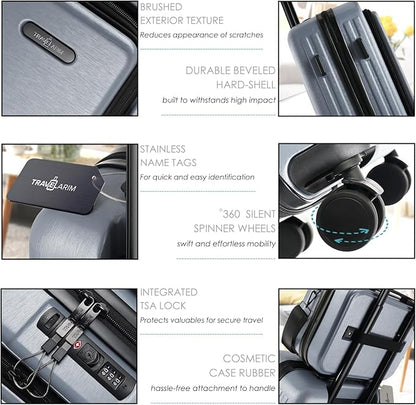 20 Inch Carry On Luggage 22x14x9 Airline Approved, Carry On Suitcase with Wheels, Hard-shell Carry-on Luggage, Durable Luggage Carry-On, Grey Small Suitcase with Cosmetic Case